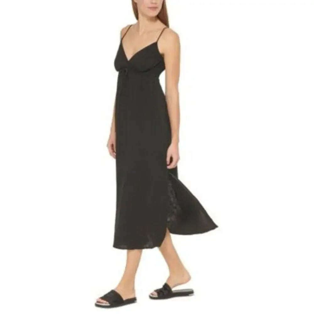 NWT DKNY V-Neck Front Tie Maxi Dress Cover Up Black Beachwear Side Slit Size M